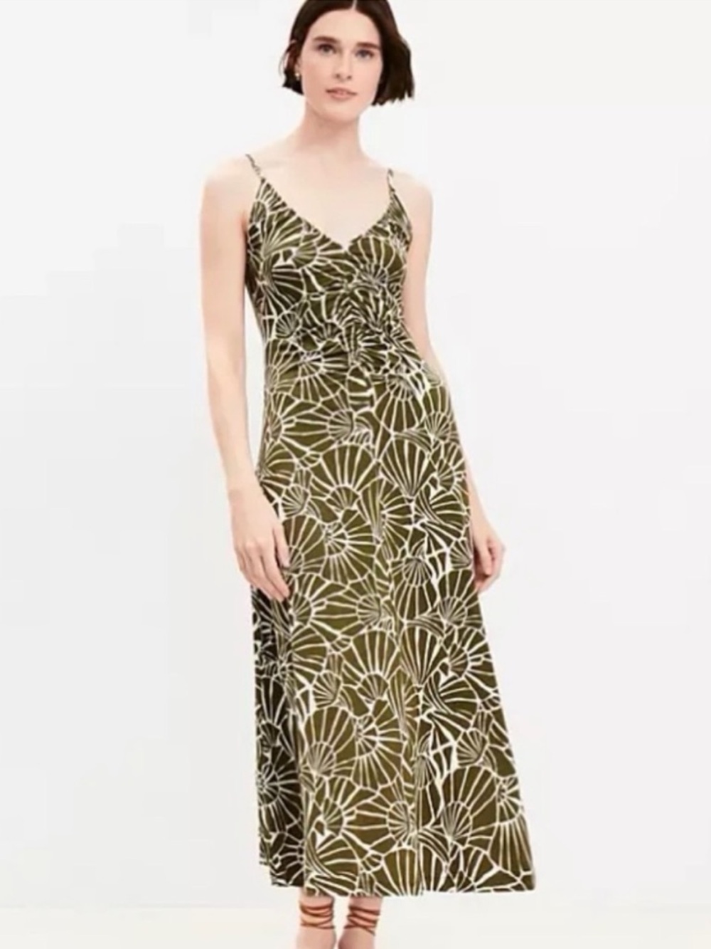 LOFT Shell Ruched Strappy Midi Dress